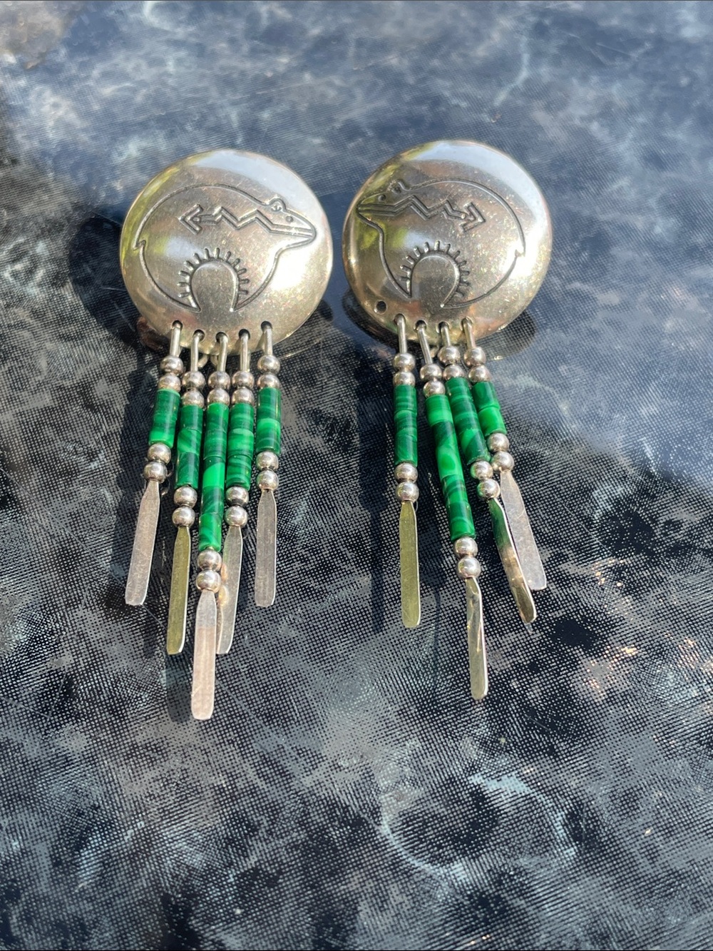 Vintage Southwestern Sterling Silver 925 Malachite Wire Earrings